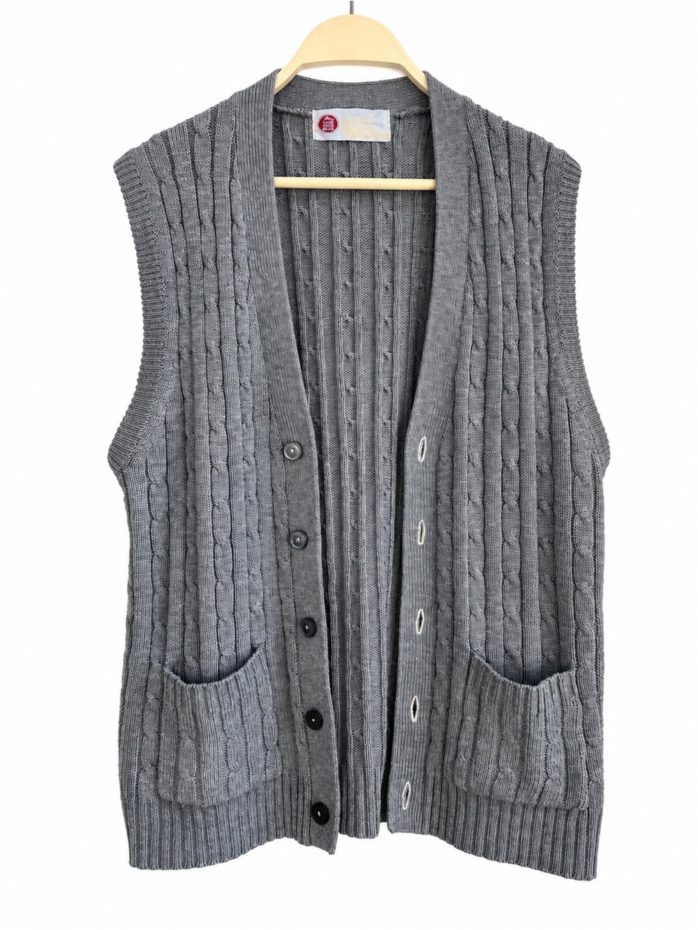 Vintage Sears Kings Road Cable Knit Sweater Vest Men’s L Gray Grandpa Cardigan